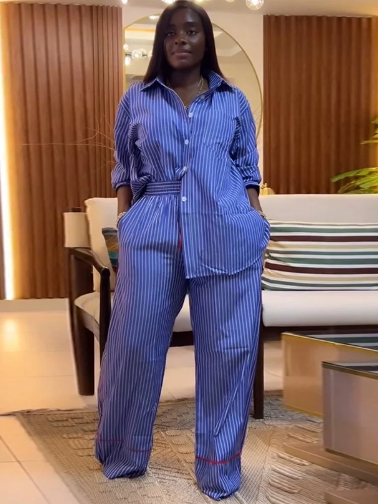 

Sister Star Women Suit Fashion Casual Striped Buttoned Long-sleeved Shirt Wide-legged Pants Temperament Commuting Two-piece Set