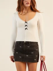 Women Lace Trim Tops Slim Fit 3D Bow V Neck Long Sleeve Crop T-shirt Ladies Fall Spring Casual Basic Shirt Blouse Streetwear Y2K
