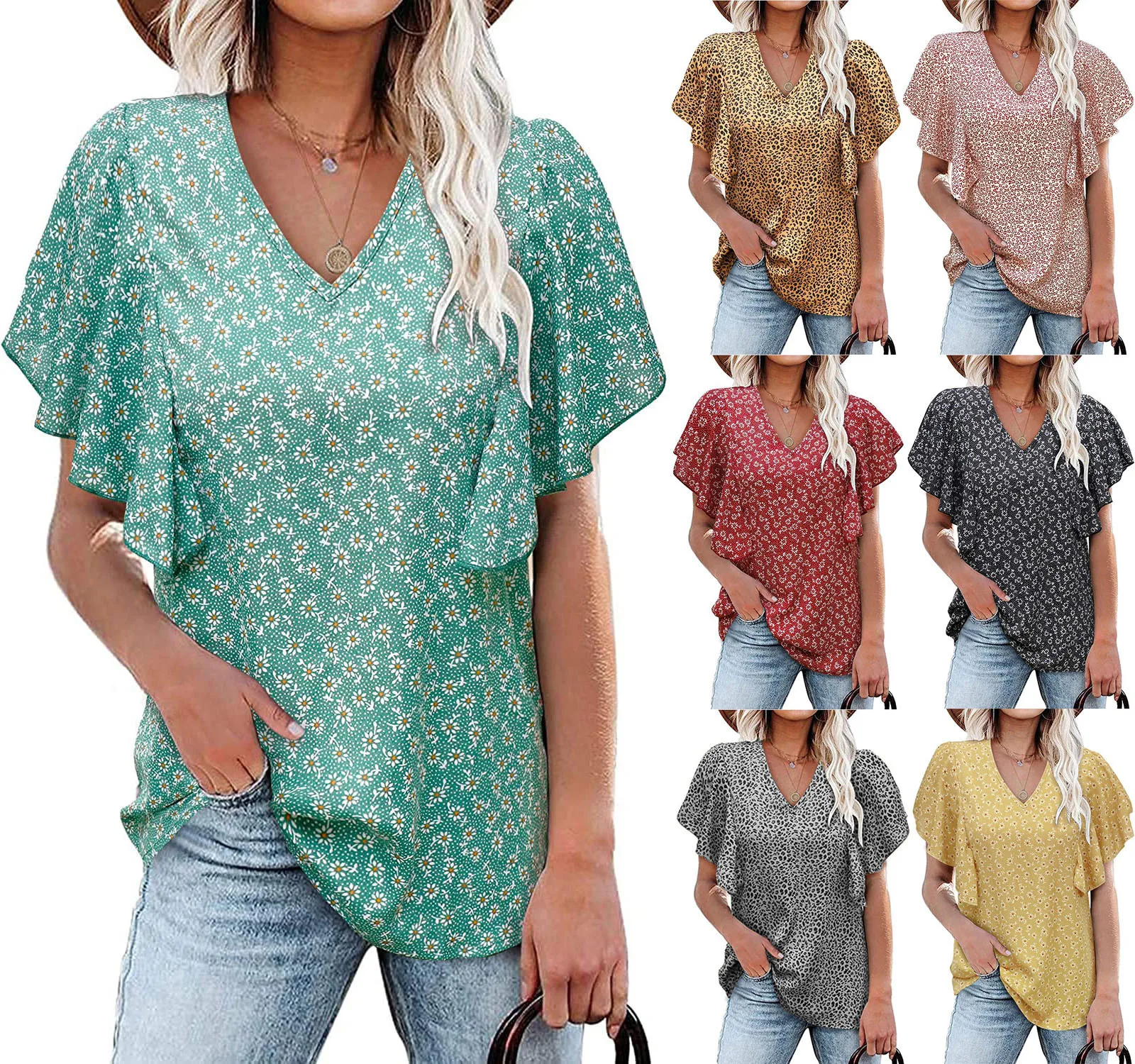 

Summer Women's New V-Neck Flower Pleated Shirt Casual Short-Sleeved Top Woman Female Fashion Versatile Tops