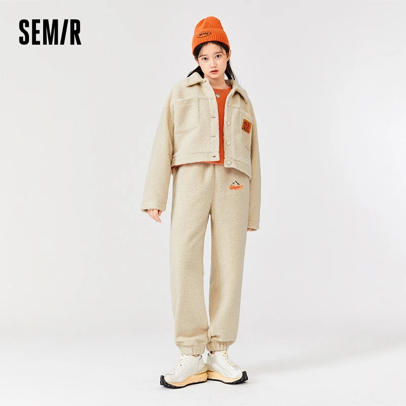 Semir Suit Women Lapel Top Imitation Lamb Wool 2023 Winter New Embroidered Jacket Trousers Two-Piece Set