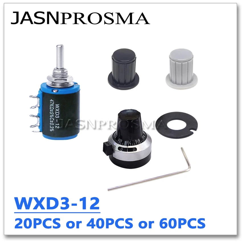 JASNPROSMA 20PCS WXD3-12 100R 220R 470R 1K 2.2K 3.3K 4.7K 10K 22K 33K 47K ohm Wirewound Trimmer resistor Potentiometer 4mm knob