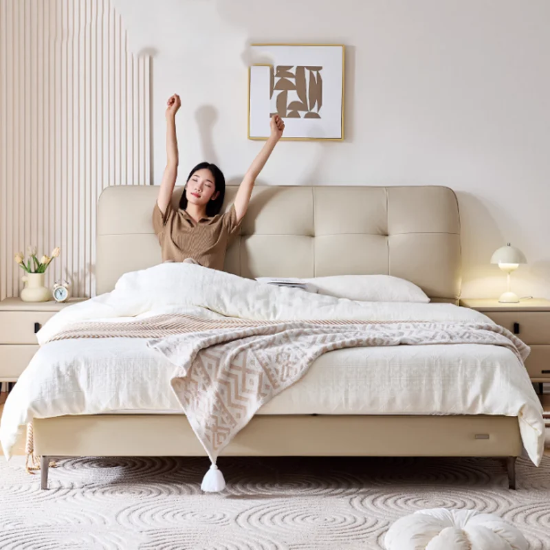 

Leather Modern Bed Bedroom Sleeping Space Saving Simple Design Bed Luxury King Size Double Floor Cama Solteiro Home Furniture