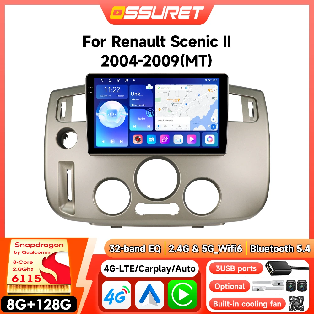 Autoradio Android pour Renault Scenic 2 Il 2004-2009, CarPlay sans fil, autoradio multimédia 2din, caméra 360, écran intelligent, GPS Wifi 6115
