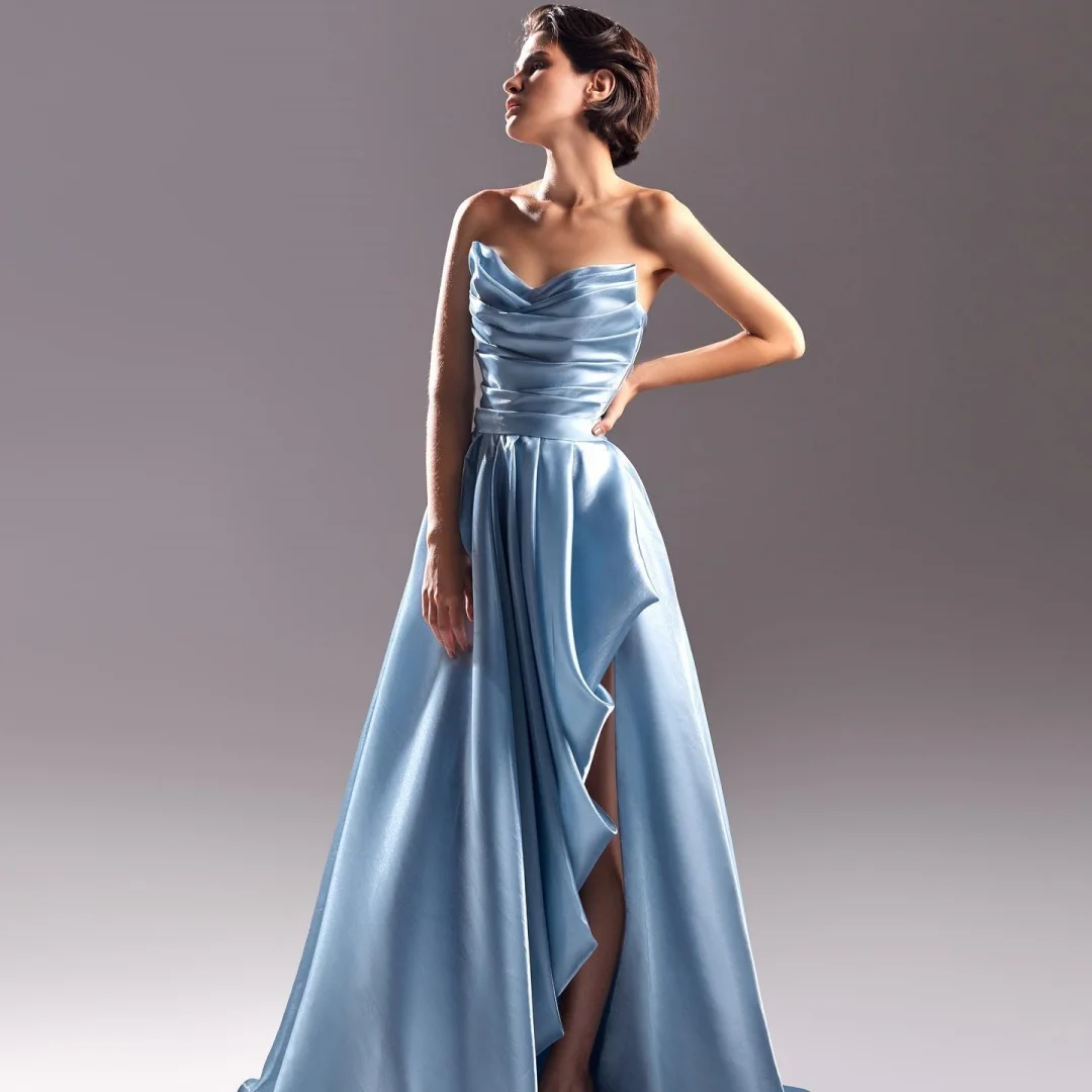 تخصيص أزياء الساتان ألف خط فساتين السهرة حمالة أكمام زيبر الظهر لوحة قطار فستان العودة للوطن مزاجه #1