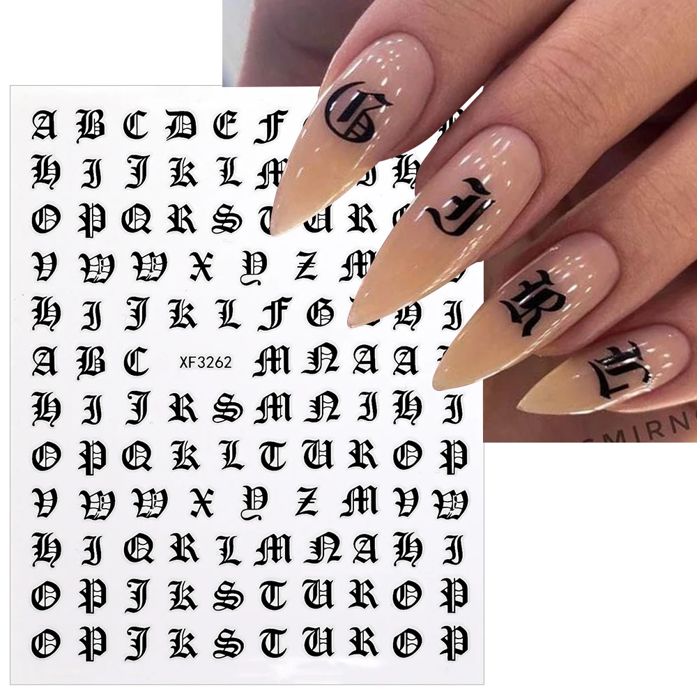 8 stks/set Gothic Letter Nail Art Stickers Holografisch Alfabet Ontwerp Nail Decal Lijm Hoofdletters Letter Nail Wraps Nail Decor *