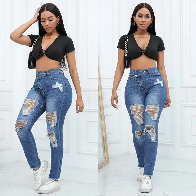 

Y2K Women's Jeans High Waist Blue Denim Pants Distressed Torn Knee Skinny Jeans Cropped Hem Frayed Cuff Slim Fit Streetwear