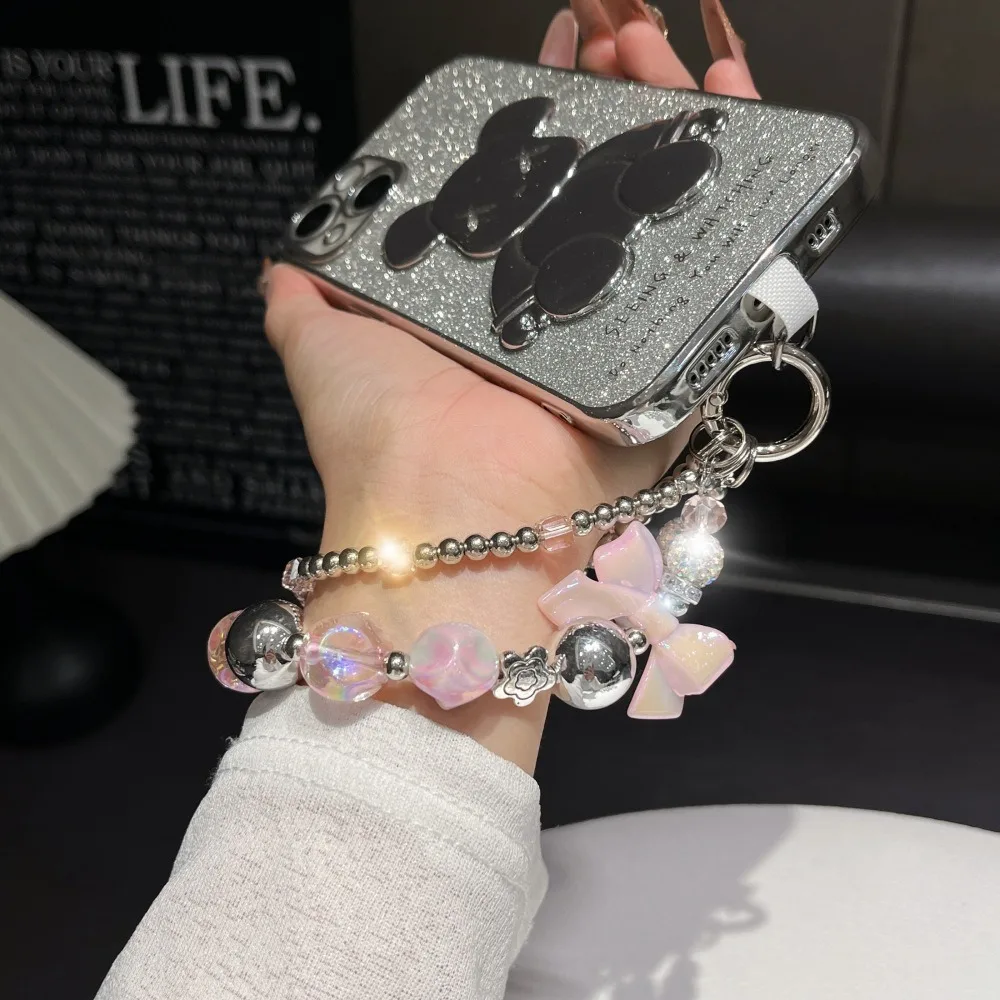 

Electroplating Hand-Beaded Mobile Phone Lanyard Anti-Loss Pendant Short Wrist Portable Chain Bow Hanging Decoration for Phones
