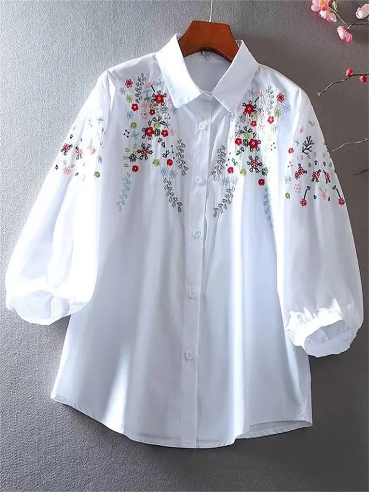 Pure Cotton Shirt Women\'s  Blouse Embroidered Floral Shirt Retro Loose Lantern Sleeve Blouses 3/4 Sleeve Leisure Literary Shirts