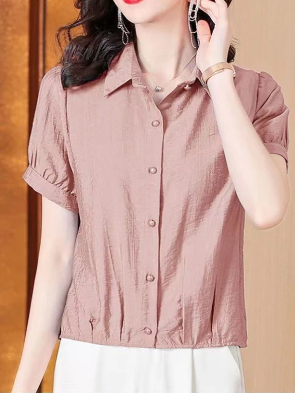 

Summer New Women's Chiffon irt Cotton Linen Thin ort Sve High End Faion Top Middle Age Mom's Clothing plus Size