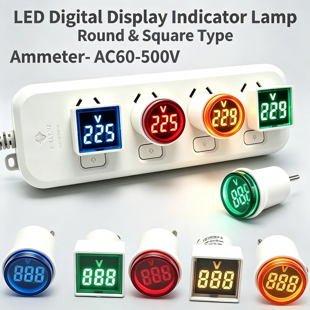 Mini AC 220V/230V 30mm Round/Square LED Digital Display AC Voltmeter Indicator Light EU Plug Measurement Range: 60~500V