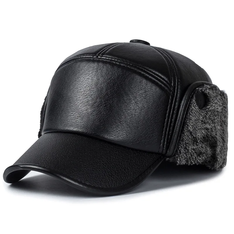 Black Leather Fur Baseball Cap Hats for Men Winter Warm Cap Men Snapback Women Casquette Bones Dad Caps Gorras Earflaps Thicken