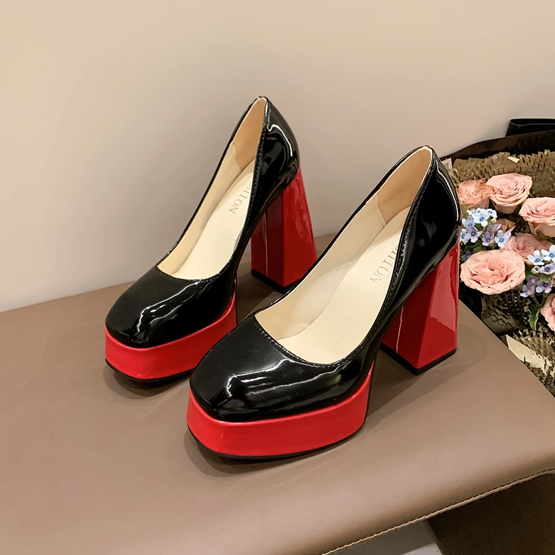 Aphixta Hot Sale Square Heels 10cm Chunky Heels Platform Pumps Double Color Blocking Women Party Dance Pumps