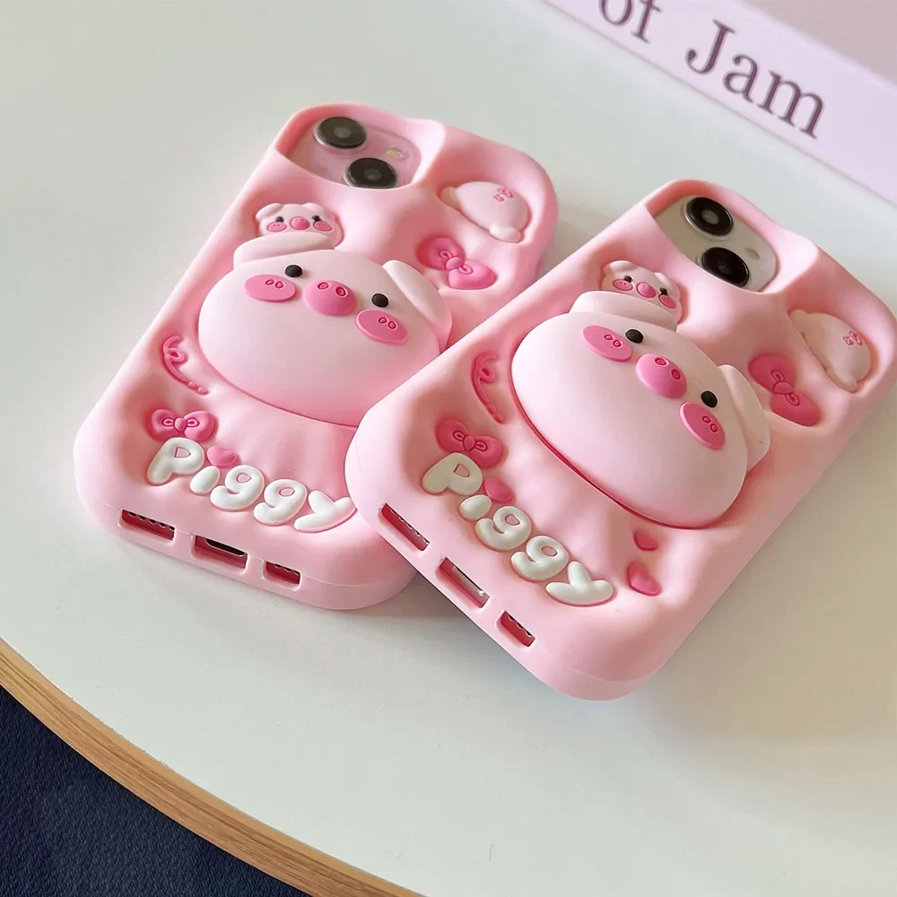 Korean Cute Pink Bow 3D Pig Stand Holder Silicone Phone Case For iPhone 15 14 13 12 Pro Max 11 Funny Gift Shockproof Soft Cover