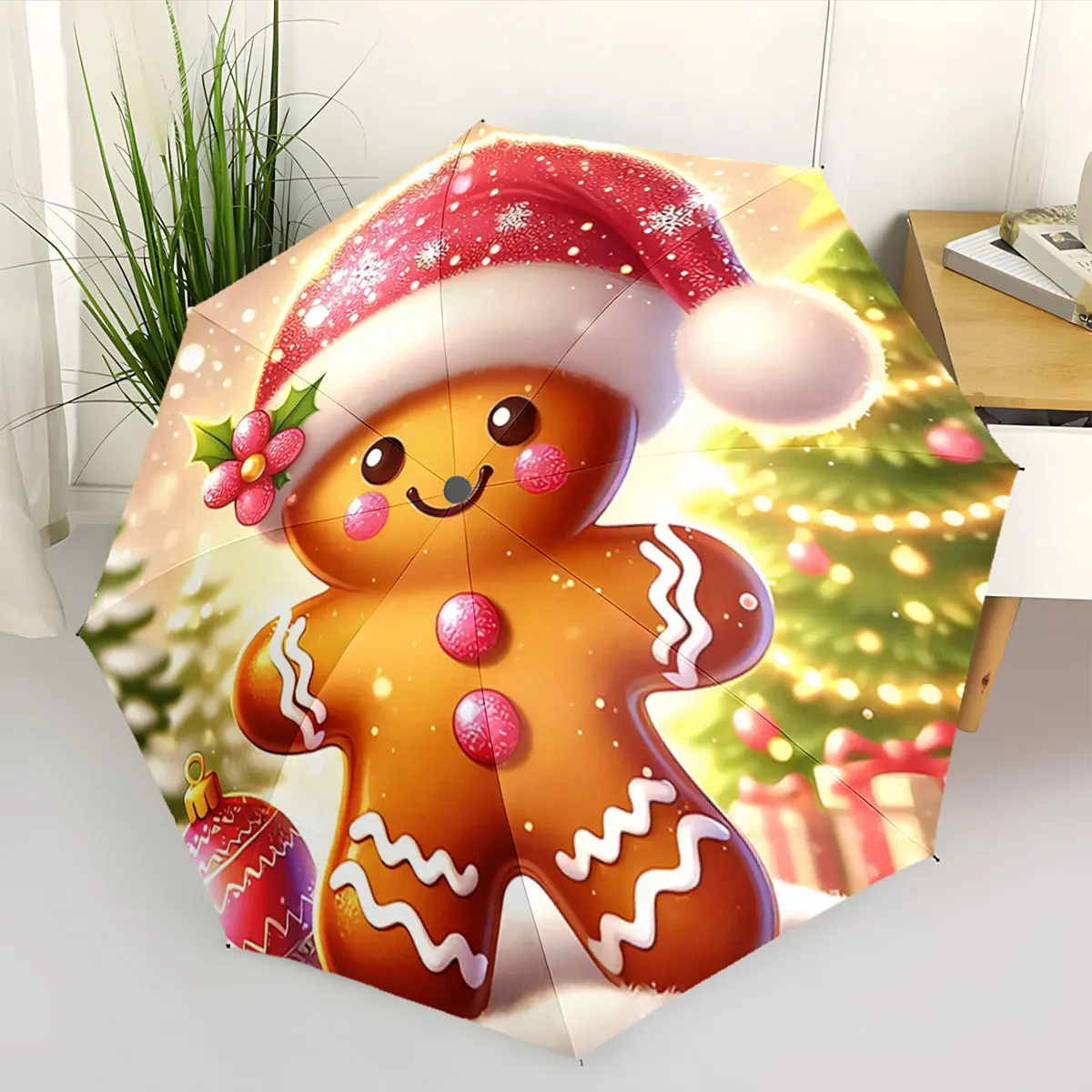 Cute Gingerbread Man Christmas Umbrella with Santa Hat portable waterproof sun rain umbrella for outdoor travel beach