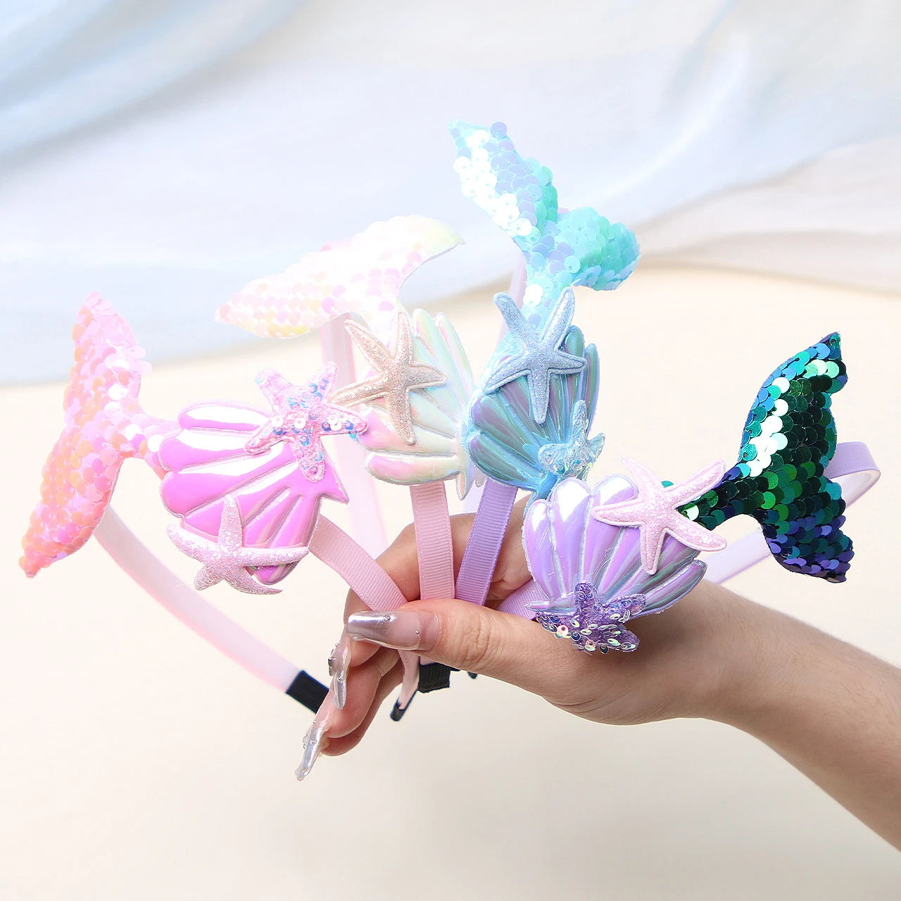 Cute Mermaid Baby Girl Hair Bands Cartoon Sequin Starfish Shell Hair Hoops Princess Headwear Kids Hair Accessory