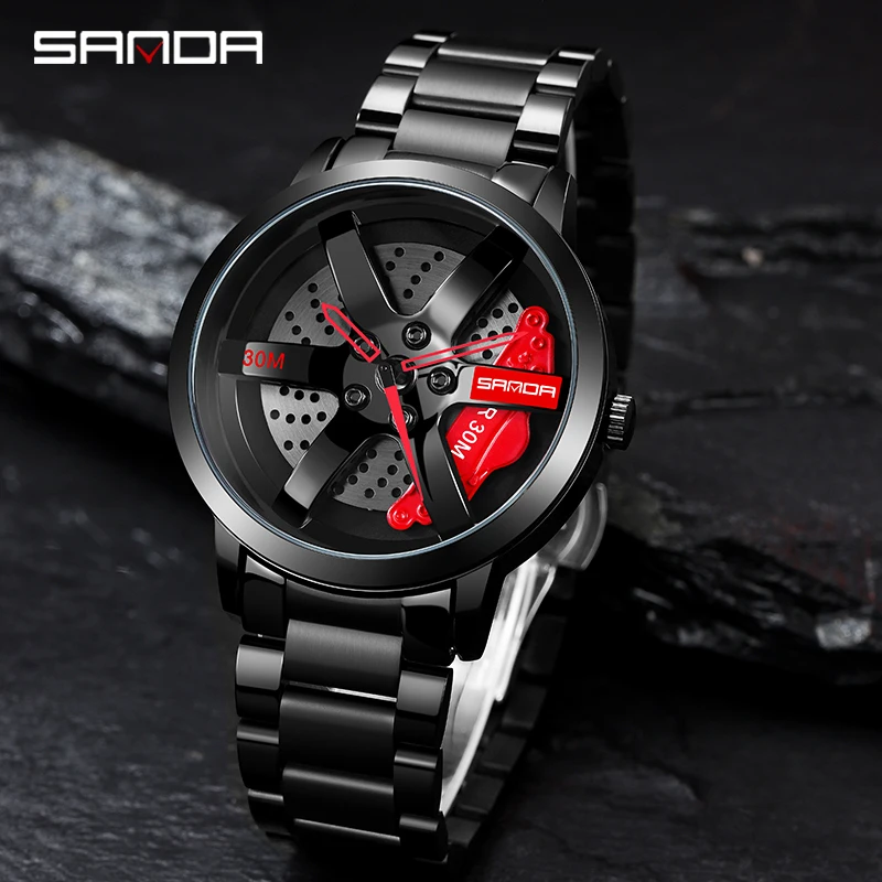 SANDA 1075 Men Fashion Car Wristwatch 360 Degree Rotating Wheel Rim Dial Watches Stainless Leather Waterproof Sport Quartz Clock