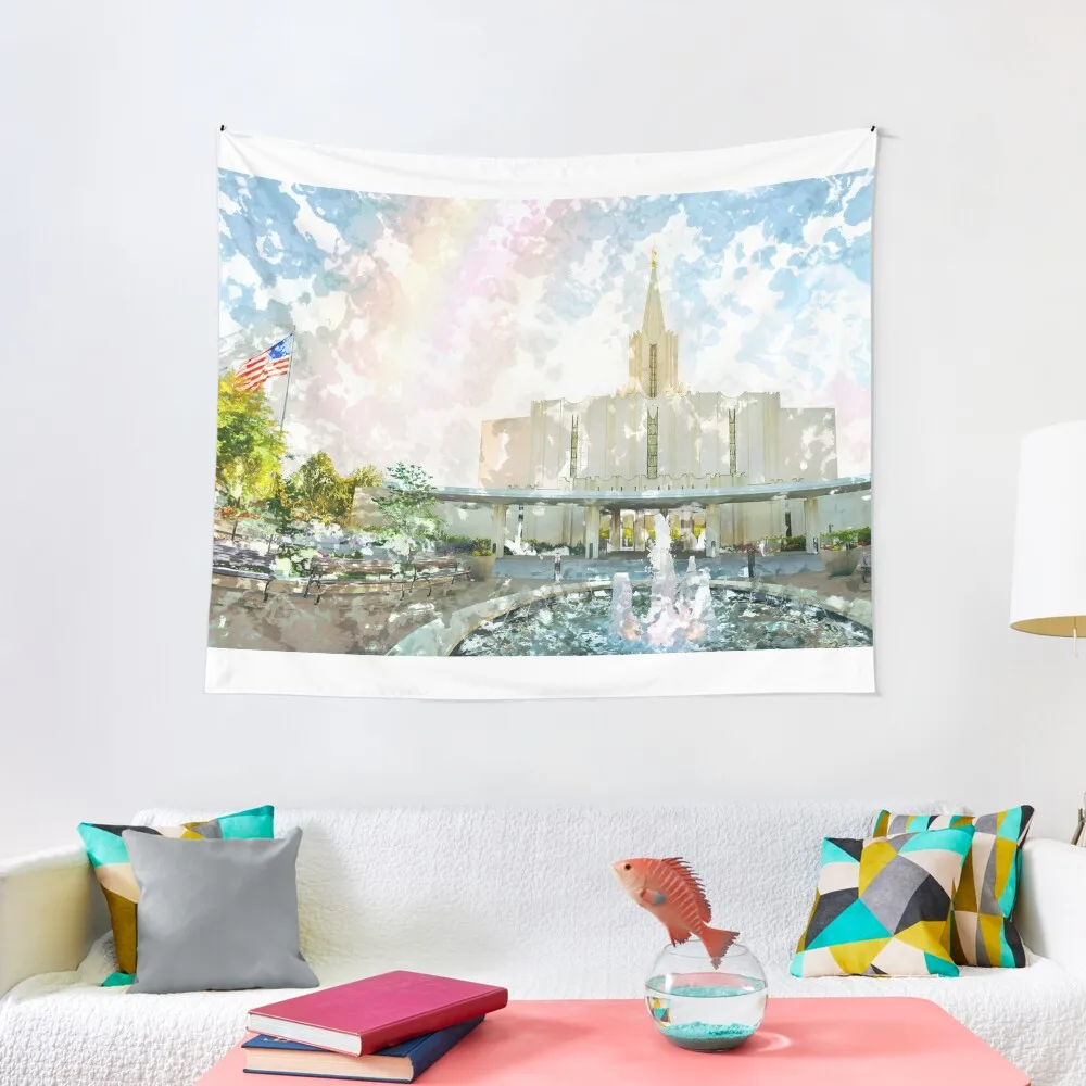 Jordan River Utah LDS Temple Watercolor Tapestry Carpet On The Wall Room Aesthetic Tapestry