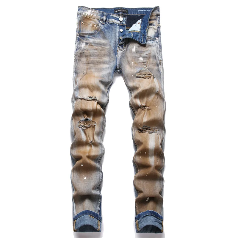 

Y2K jeans personalized fashion street holes paint retro blue heavy craft Slim micro-stretch small straight men's jeans