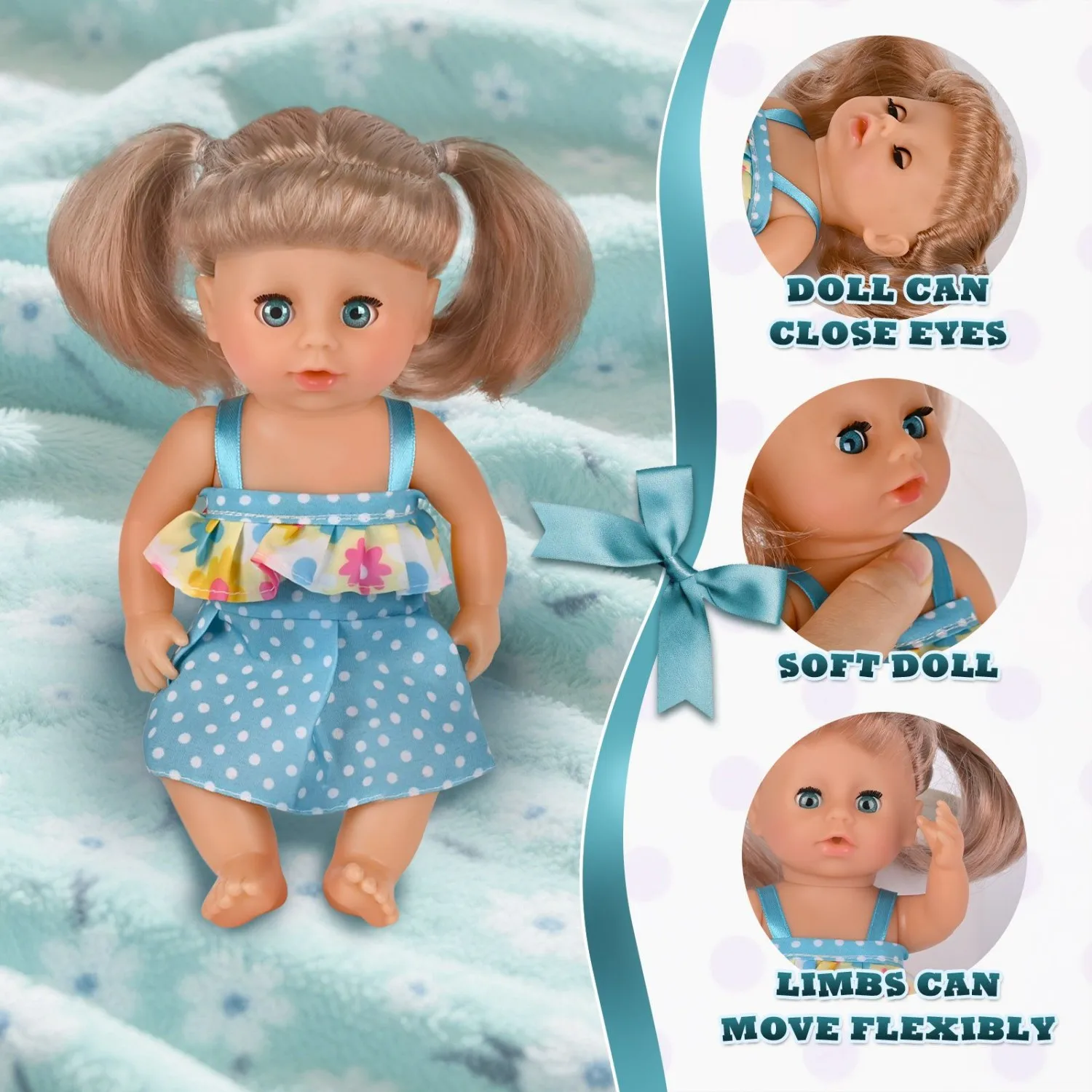 9 Inch Realistic Baby Doll with Open Close Eyes | Soft Body & Vinyl Head | Blue Polka Dot Dress | Perfect Gift for Kids, Include