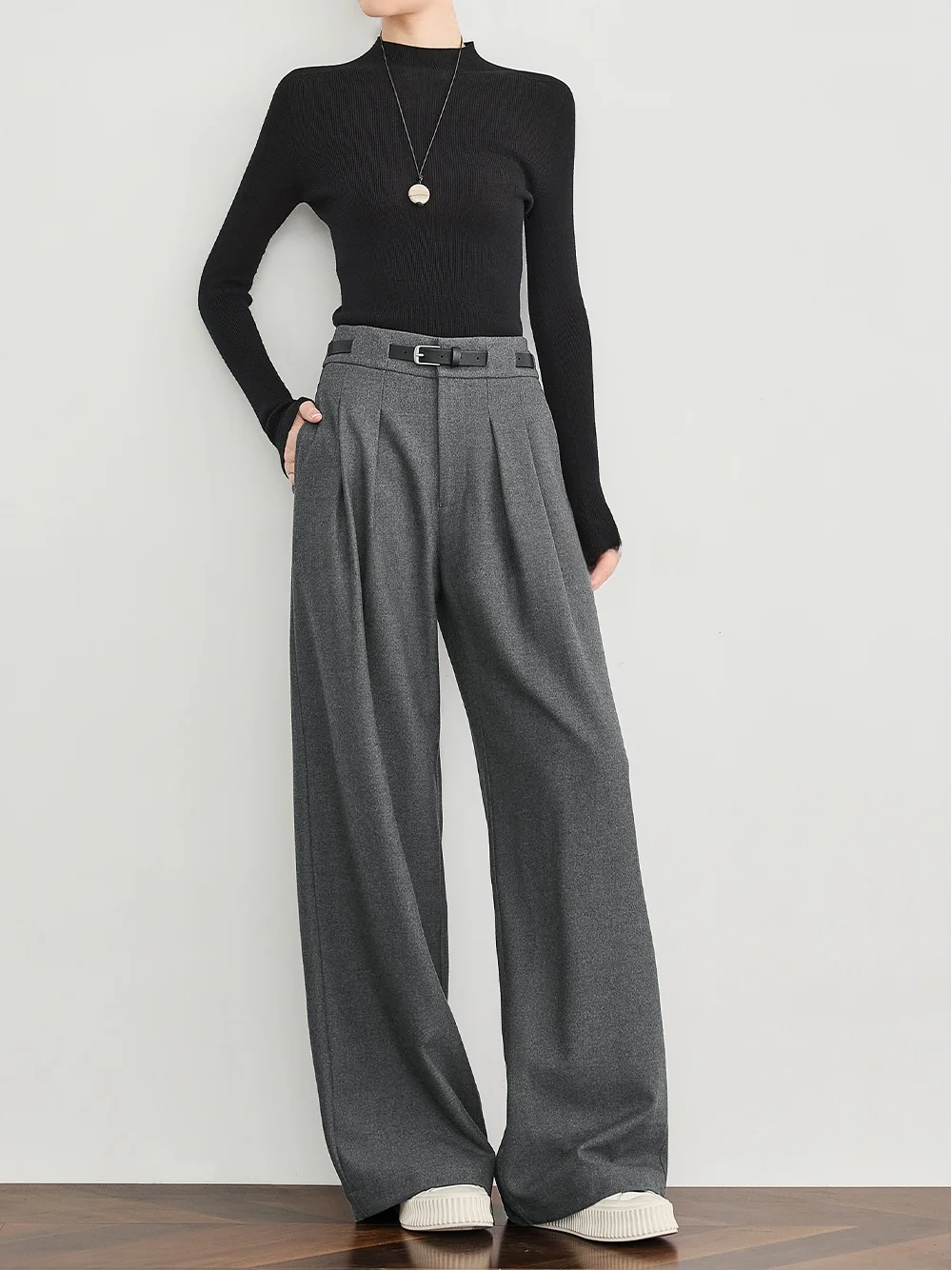 

FALIN ey шерстяные широкие брюки узкая версия женские повседневные брюки для поездок на работу с высокой талией на молнии прямые брюки-трубы