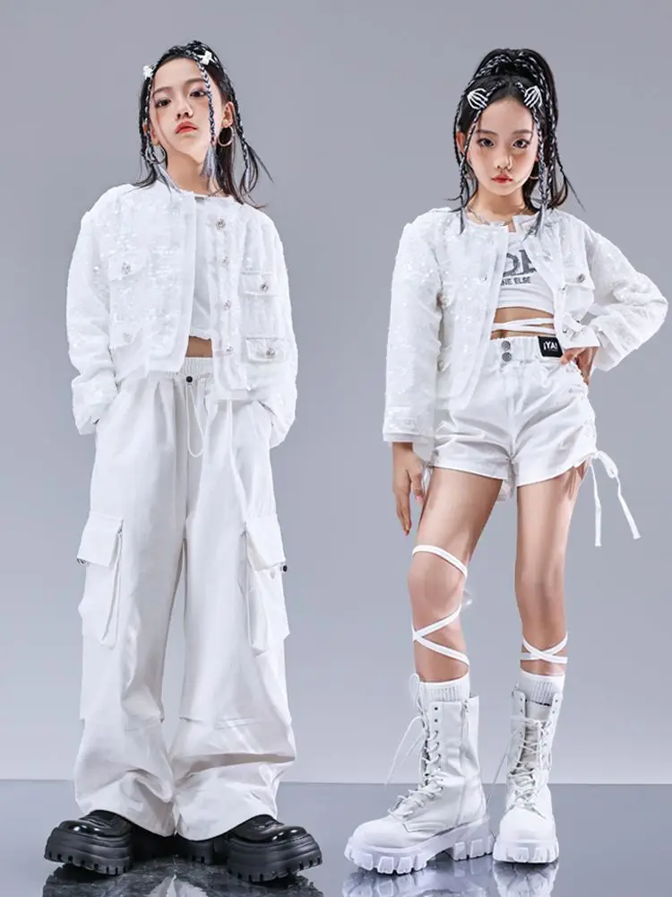 Kid Hip Hop Clothing White Sequined Short Jacket Top Casual Wide Pockets Cargo Pants Shorts for Girl Jazz Dance Costumes Clothes