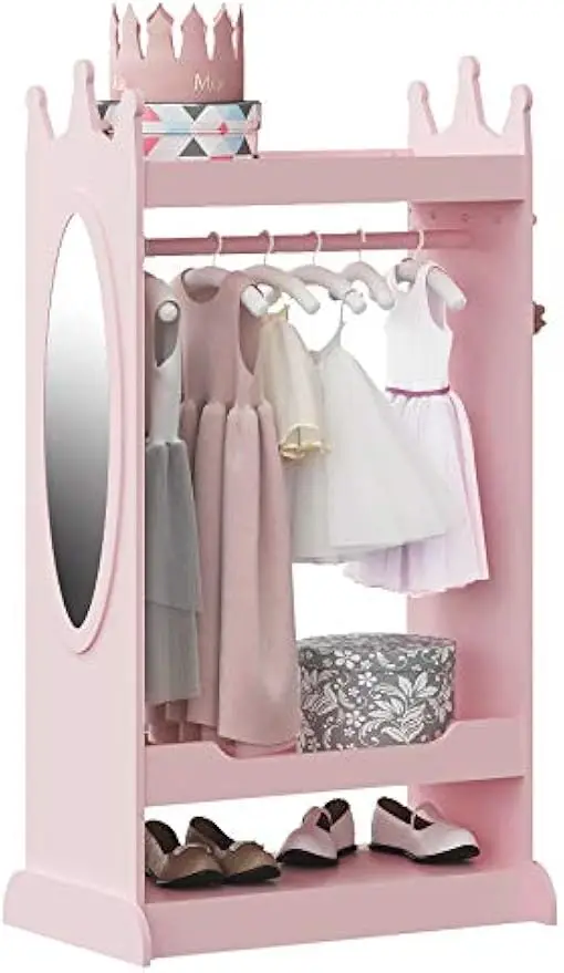 

Kids Dress Up Storage with Mirror, Costume Wardrobe and Hanging Armoire in Pink