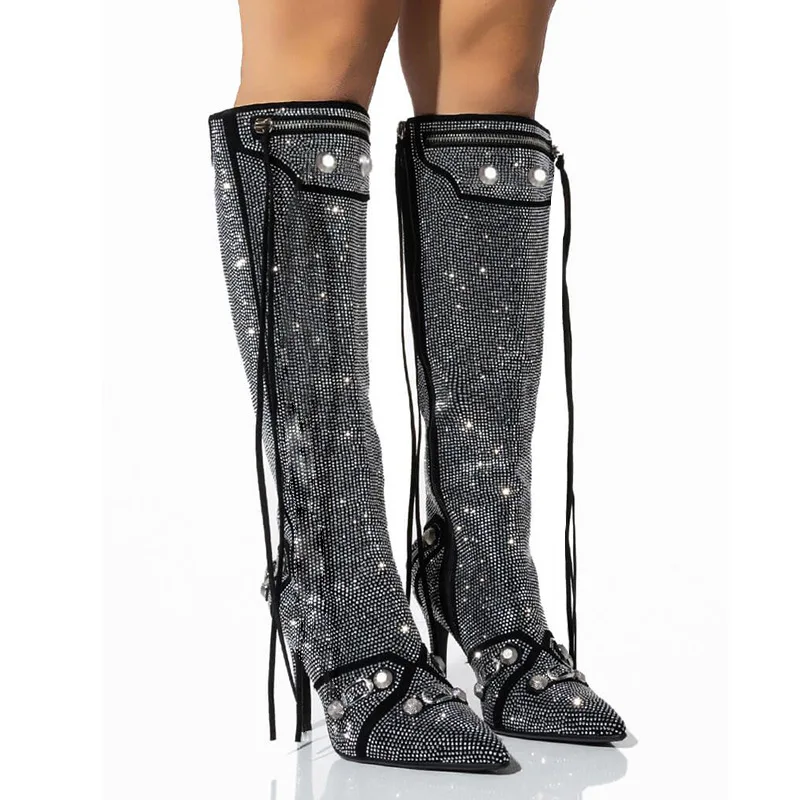 

Pointed-Toe Stiletto Knee-High Boots Rhinestones Studded Buckle Boots Large Sizes Side Zipper High Heels Botines Femininas