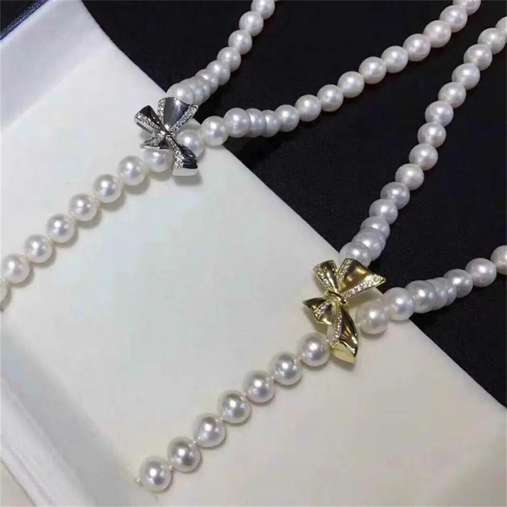 

DIY Pearl Accessories Single-row Natural Pearl Necklace Sweater Chain Buckle S925 Sterling Silver Bow Single-row Buckle K182