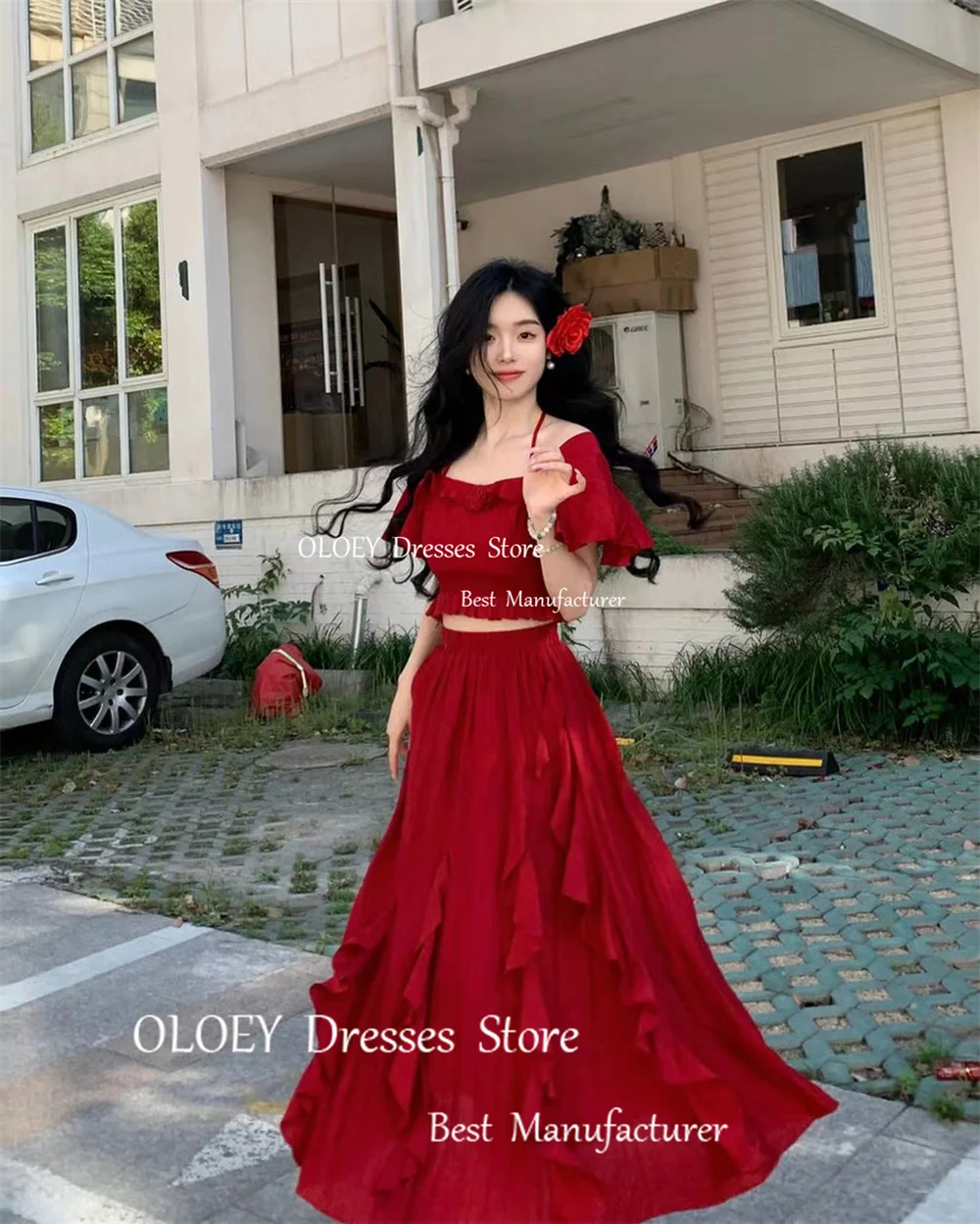 OLOEY Elegant Wine Red Chiffon A Line Square Collar 3D Flower Evening Gown Dresses Ruched Short Sleeve Floor Length Bride Gowns