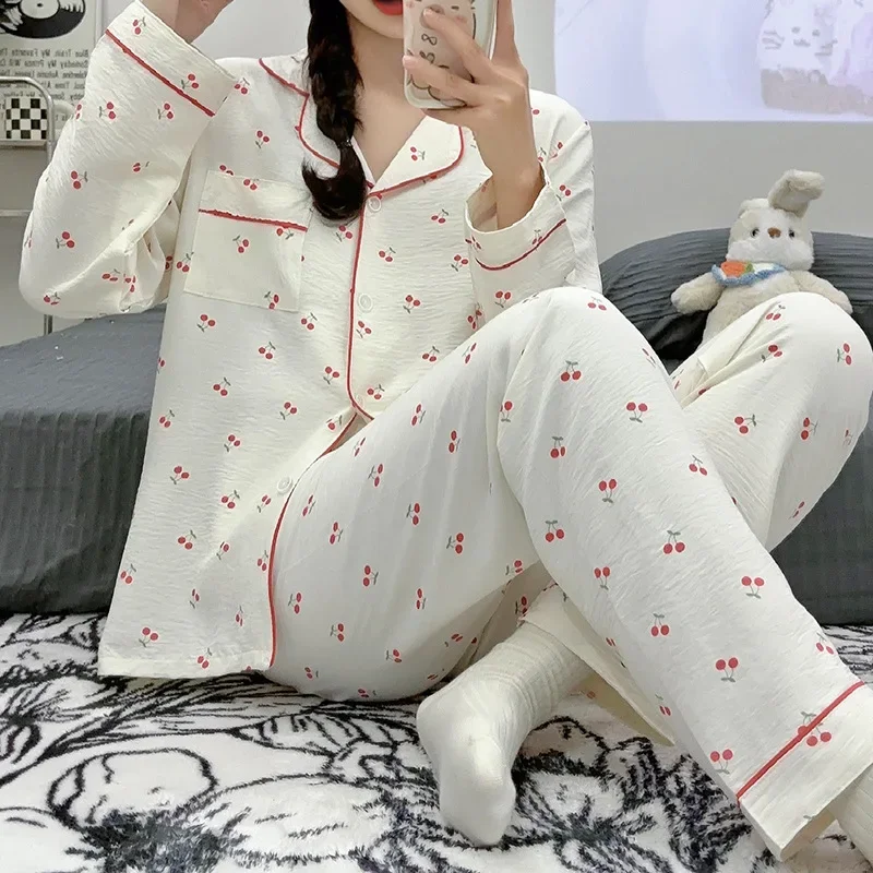 Plus Size Cloud Cotton Pajamas Women\'s Spring and Autumn Long-sleeved Long Pants 2 Piece Set Home Suit Korean Sweet Loungewear