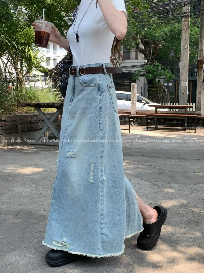 ZHISILAO Irregular Long Denim Skirt Women Vintage A-line Jeans Skirt Summer 2024 Hole Ripped Skirt