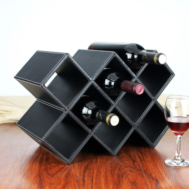 European Style Leather Wine Rack Compartmental Bottle Holder Decorative Ornament Creative Storage Shelf for Home Wine Cabinet