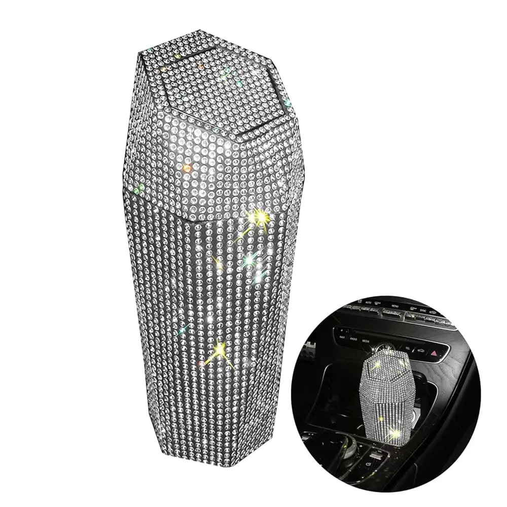 

Rhinestone Car Trash Can with Lid, Sparkly Garbage Can, Diamond Design Small Automatic Portable Trash Can for Automotive, Hom