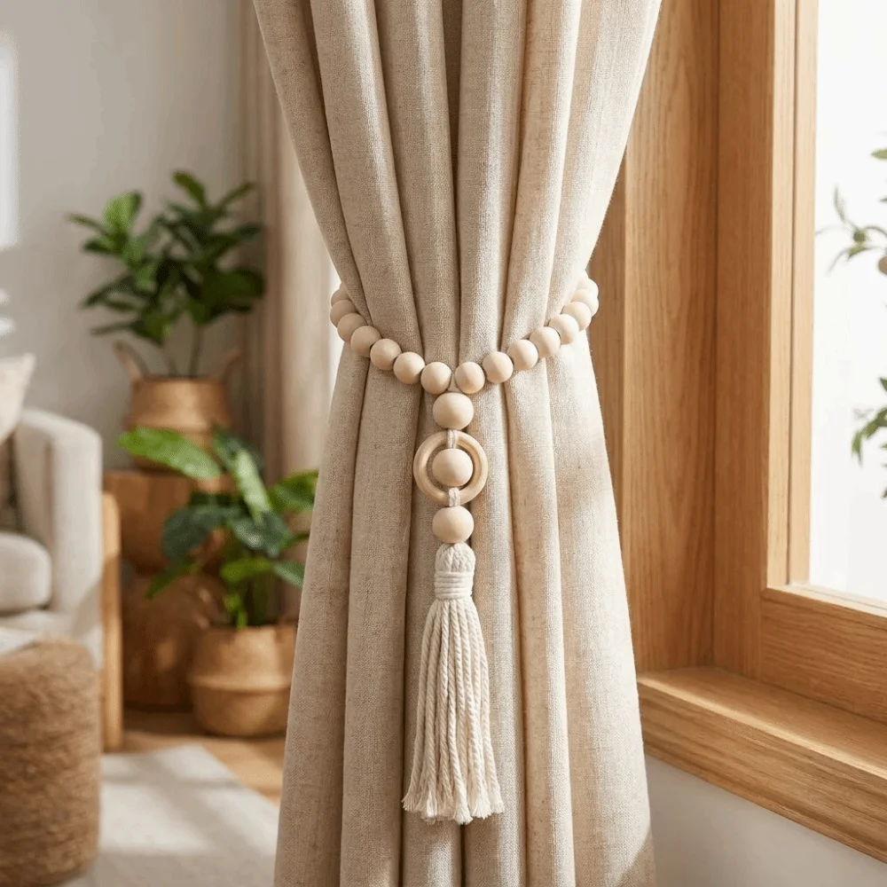 Rustic Wooden Beads Curtain Holdbacks Bohemian Style with Tassels Curtain Ties Decorative Curtain Rope Bundle Bedroom Decor