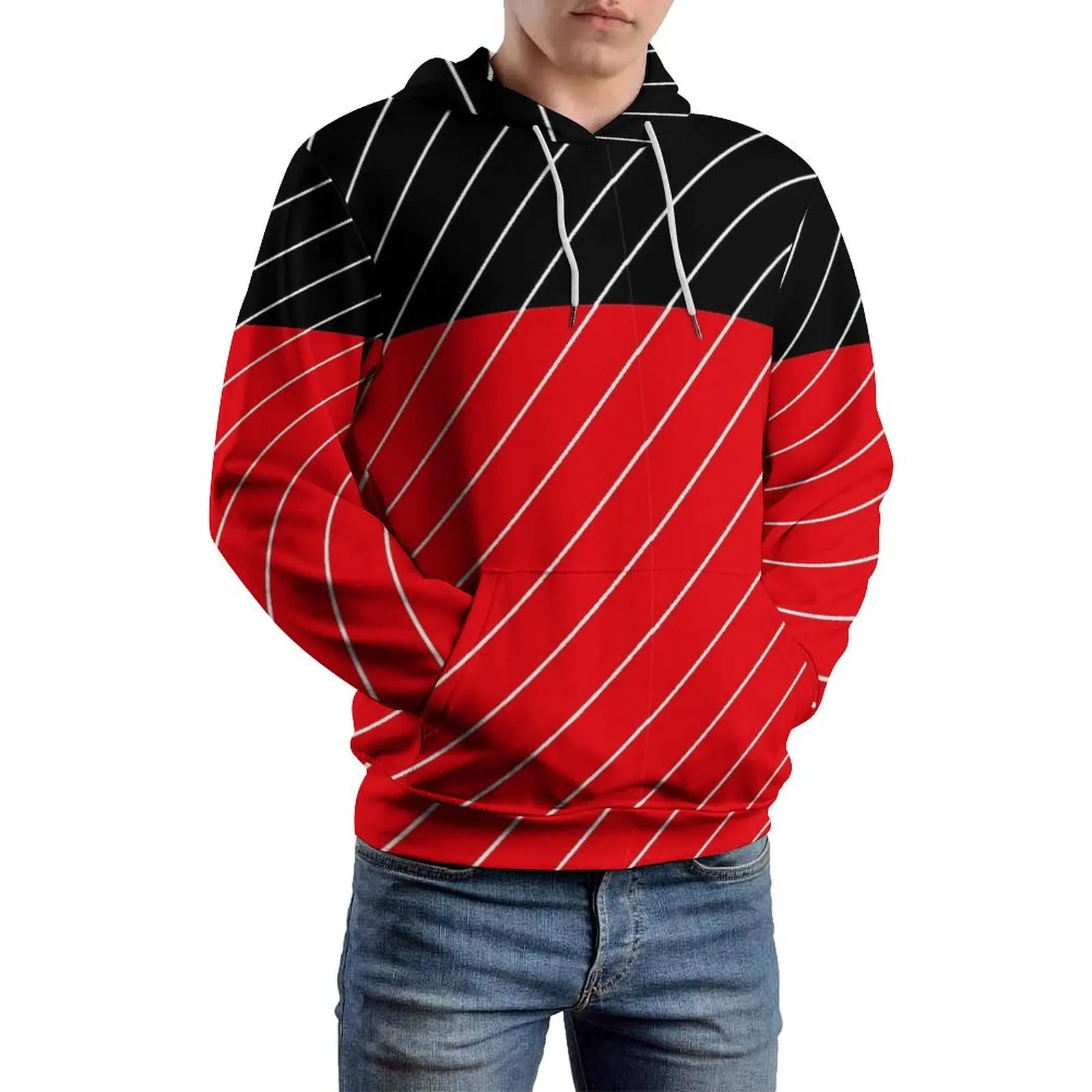 Two Tone Loose Hoodies Red And Black Striped Casual Hoodie Men Long Sleeve Modern Custom Sweatshirts Big Size