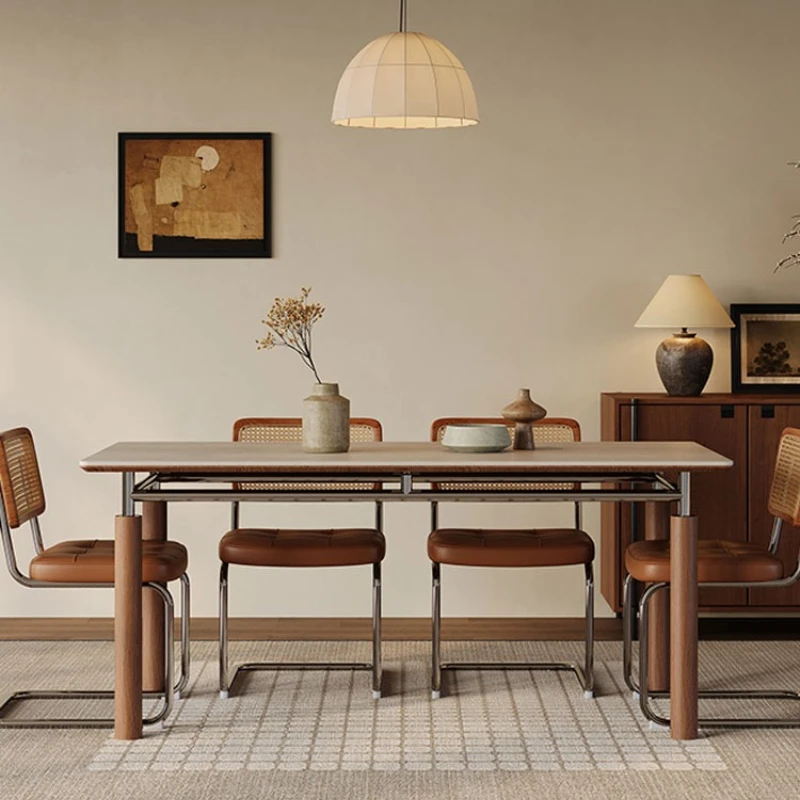 Medieval rock slab solid wood dining table rectangular Nordic stainless steel Bauhaus retro furniture small apartment
