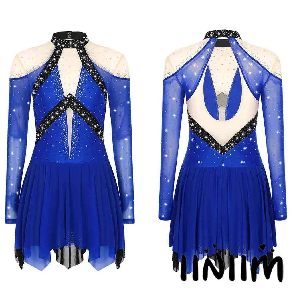 

Women Girl Sparkling Rhinestones Ice Skating Performance Dress Ballet Lyrical Dancewear Figure Skating Rocking Training Wear