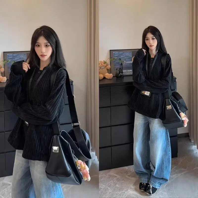 

American Retro Casual V-ne Knitted Sweater Men's Color Open Cardigan Loose Fit Long Sve Winter Outerwear