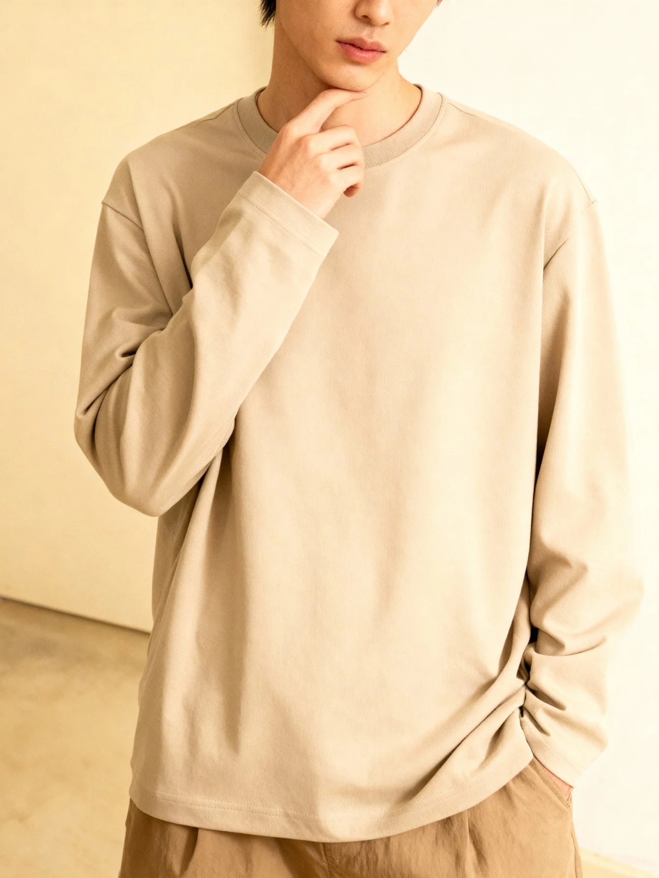 عادية الرجال فضفاض كم طويل تي شيرت موضة بلون بلوزات مستديرة العنق Y2k جودة عالية 100% القطن الذكور المحملة