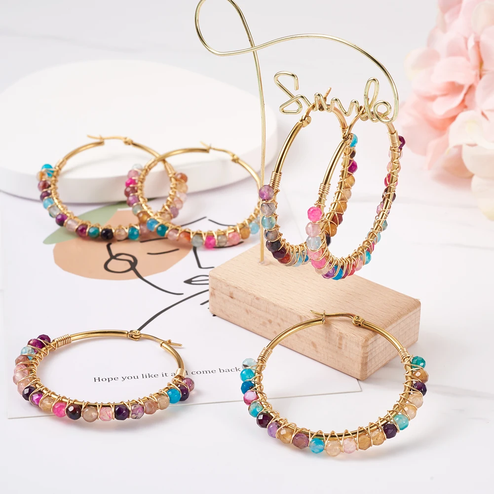 4 Pairs 50mm Hoop Earrings Stainless Steel Earrings Natural Agates Beads Round Circle Ear Ring Women Fashion Jewelry Gift