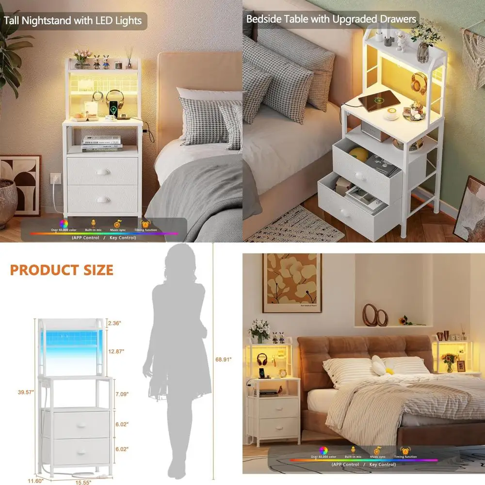 

Белая тумбочка для зарядной станции 40, светодиодная подсветка, 2 ящиками и полками для хранения в спальне