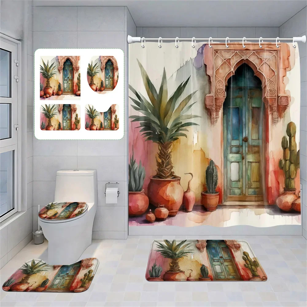 

Набор из четырех предметов Morandi, декоративный костюм для ванной комнаты, абстрактное искусство, занавеска для душа, нескользящий напольный коврик, коврик для унитаза, украшение дома