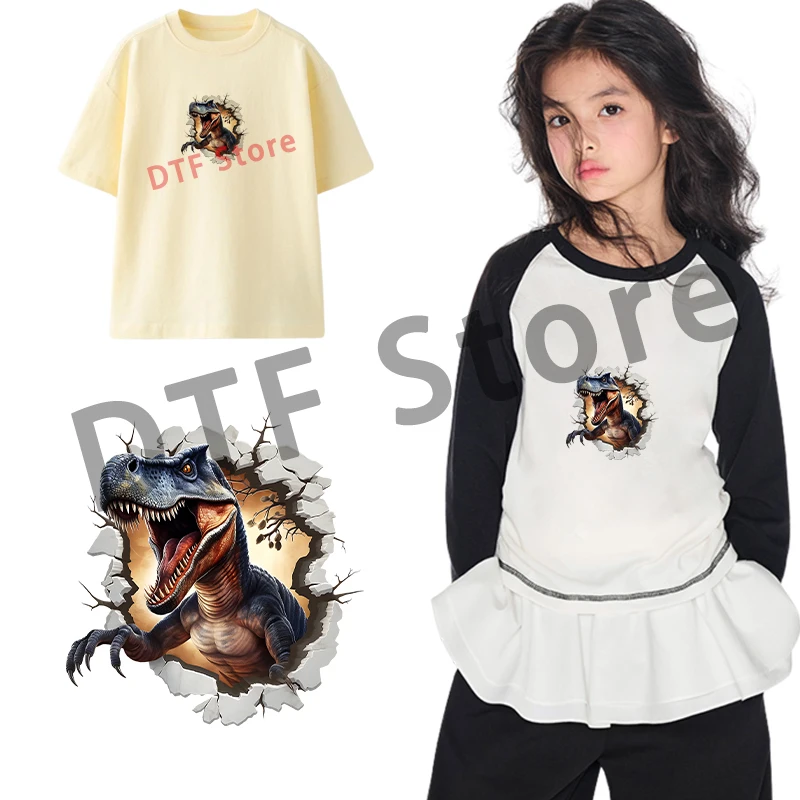 Dinosaurs break through holes and emerge from walls DTF Heat Transfer On Clothes iron on heat transfer Children\'s clothing