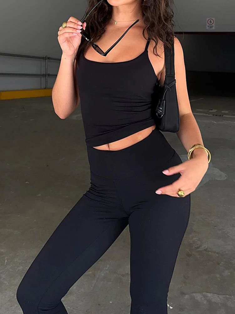 IAMSURE Sporty Activewear Sexy Slim Pants Set Basic Solid 2 Piece Sets Slash Neck Sleeveless Camis Top High Waisted Pants Lady