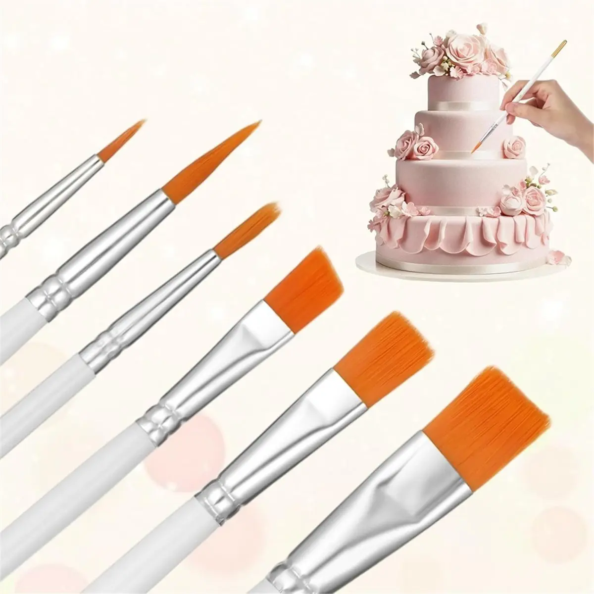 Cake Painting Brushes Set,6 Pcs Cake Decorating Brushes Kit with Straight and Curved Tweezers for Dusting Edible Glitter