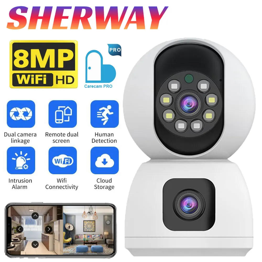 4K 8MP Dual Lens Wifi Camera Indoor PTZ  Dual Screen Security Cameras Auto Tracking HD Night Vision Wireless Video Surveillance