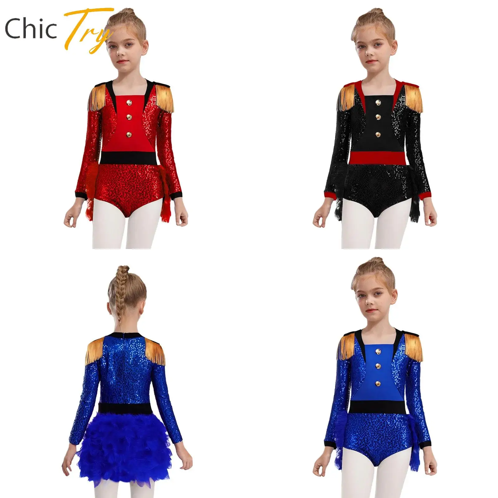 

Girls Circus Sequins Costumes Bodysuit Shoulder Tassels Long Sleeve Feathered Jumpsuit for Halloween Cosplay Birthday Party