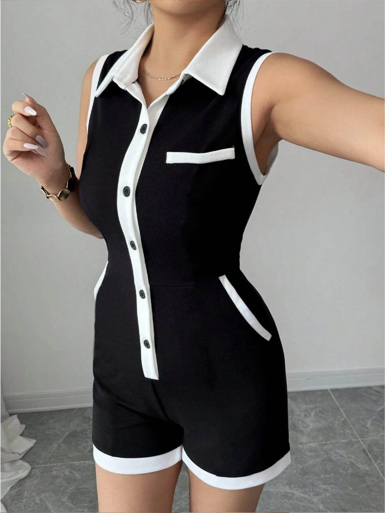 Women's Lapel Sleeveless Jumpsuit Contrast Trim Elegant Daily Fashion For Female Outdoor Gathering Matching Outfit