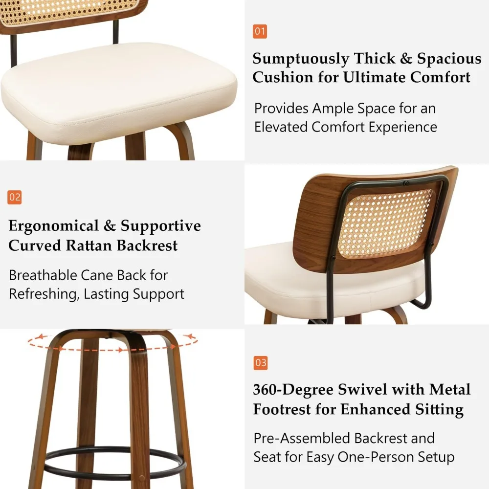 Rattan Swivel Bar Stools with Walnut Craftsmanship, Curved Rattan Back, Upholstered Seat, Mid Century Modern Bar Stools