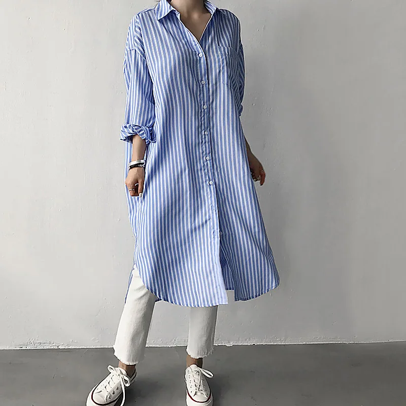 

Casual Loose Shirt Stripe Dress Autumn Clothes Women Korean Fashion Long Sleeve Lapel Vestidos Oversize Work Dresses Robe Top